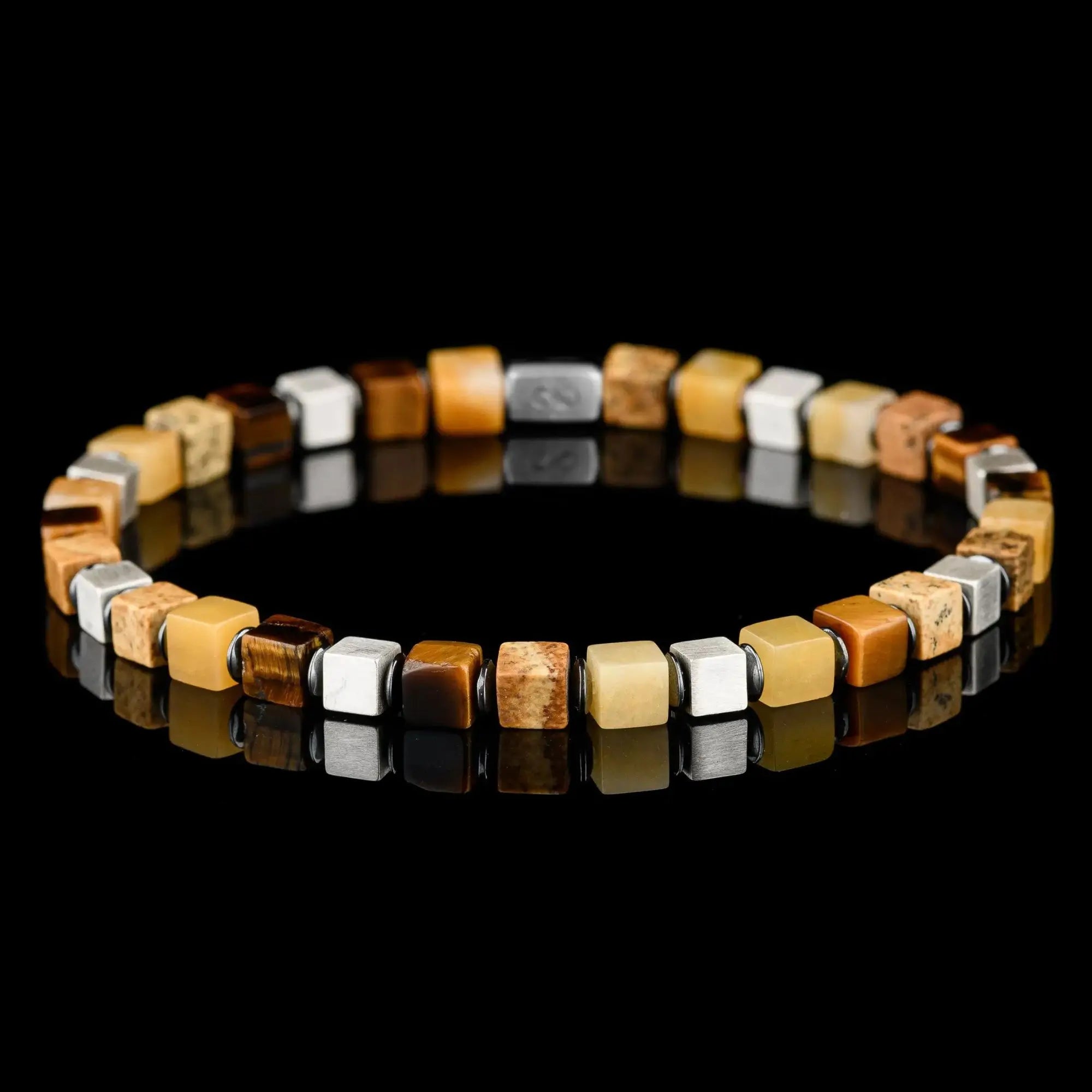 TIGER EYE-LANDSCAPE JASPER-YELLOW JADE CUBE BRACELET I (4MM)